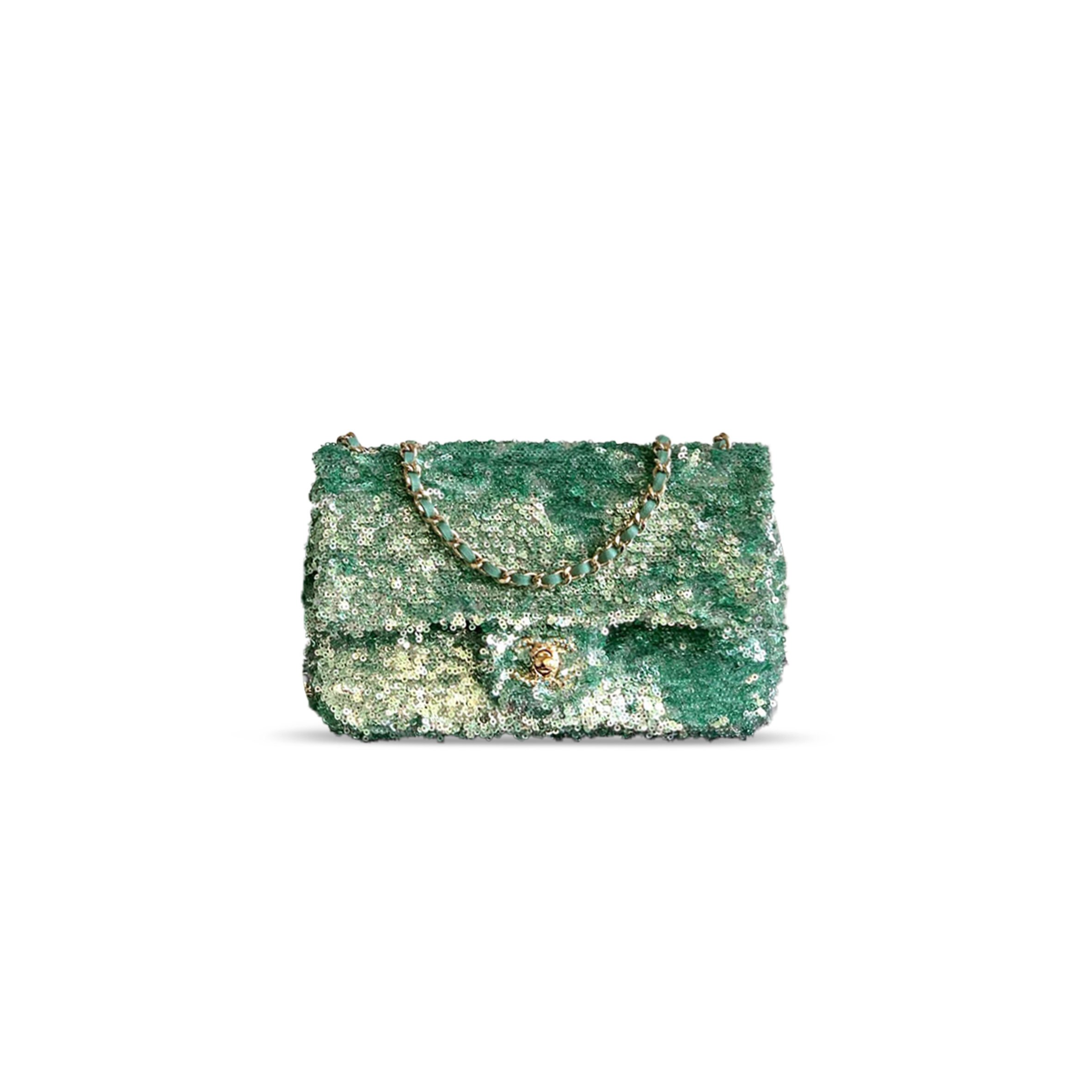 CHANEL FLAP BAG SEQUINS & GOLD-TONE METAL GOLDEN & GREEN AS4561 (21*14*8cm)